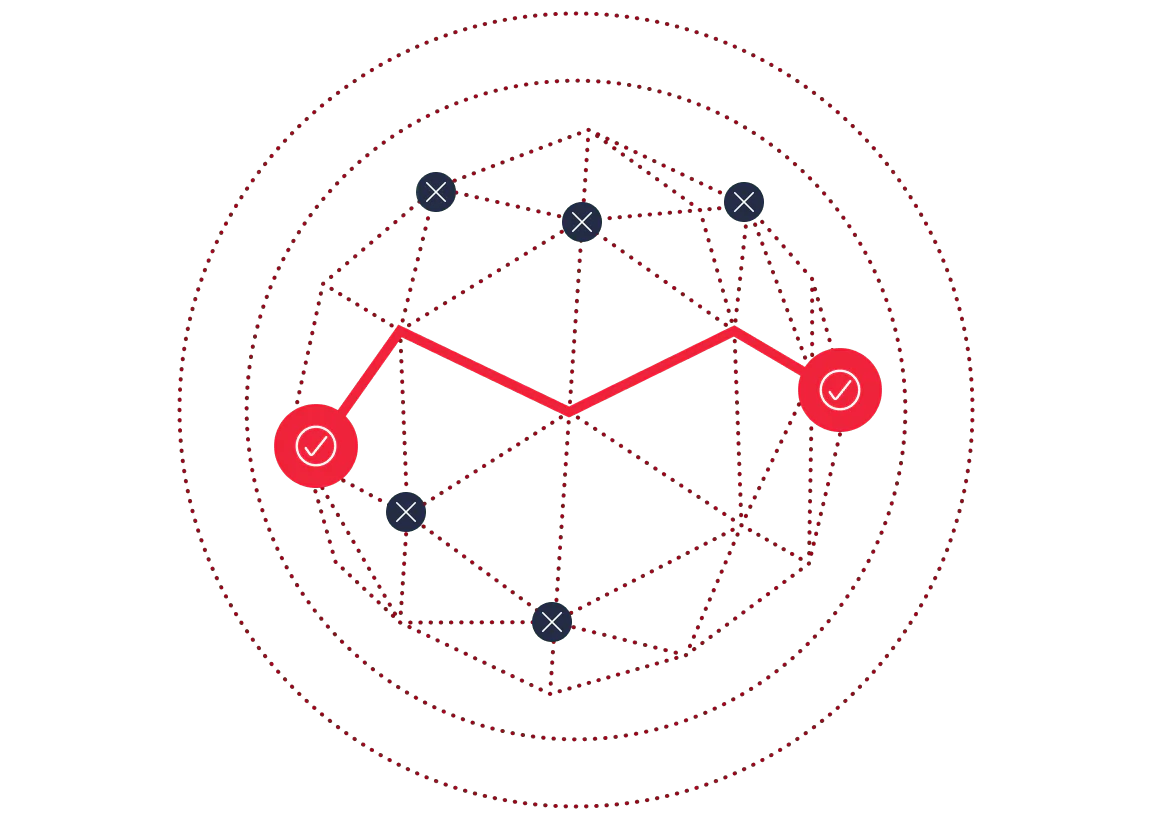 Network Visualization with Highlighted Path Graphic of a network with nodes, connections, and highlighted path with red dots and dashed circles.