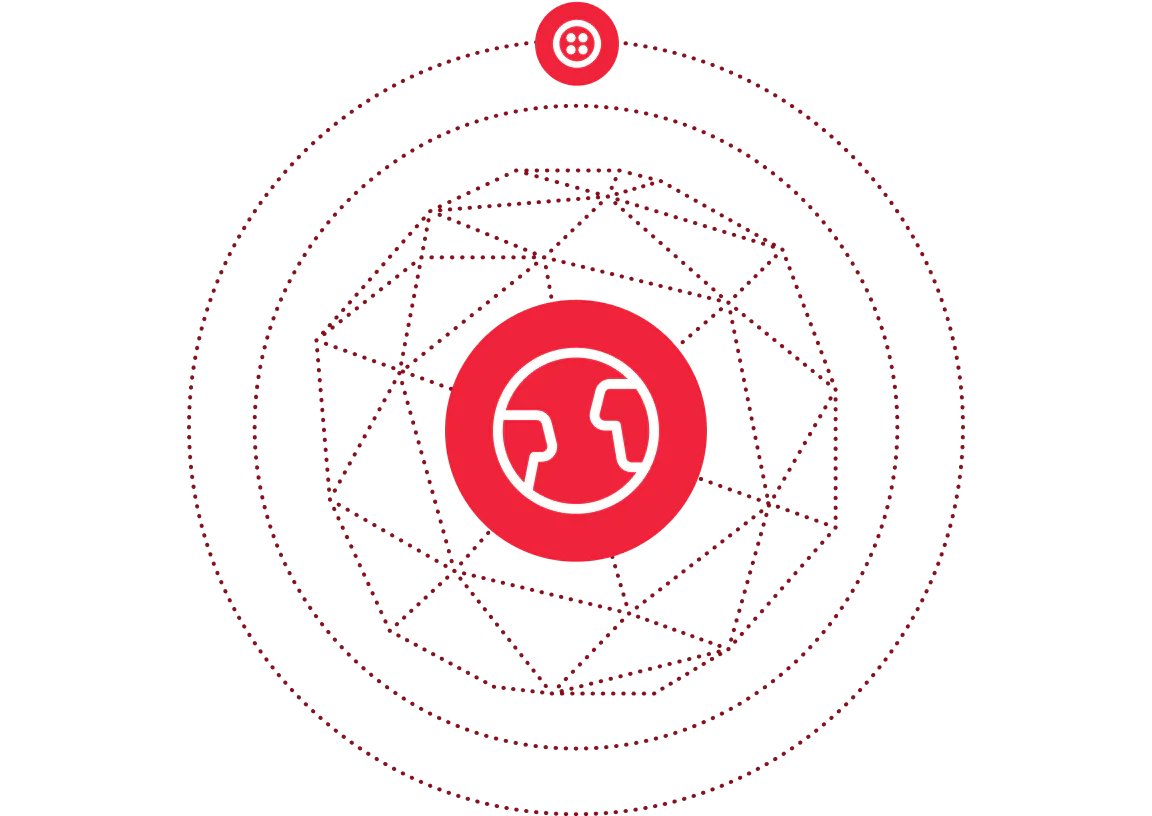 Abstract Geometric Earth with Orbiting Node Design Stylized earth icon in red with geometric lines and dotted circular orbits on a green background.