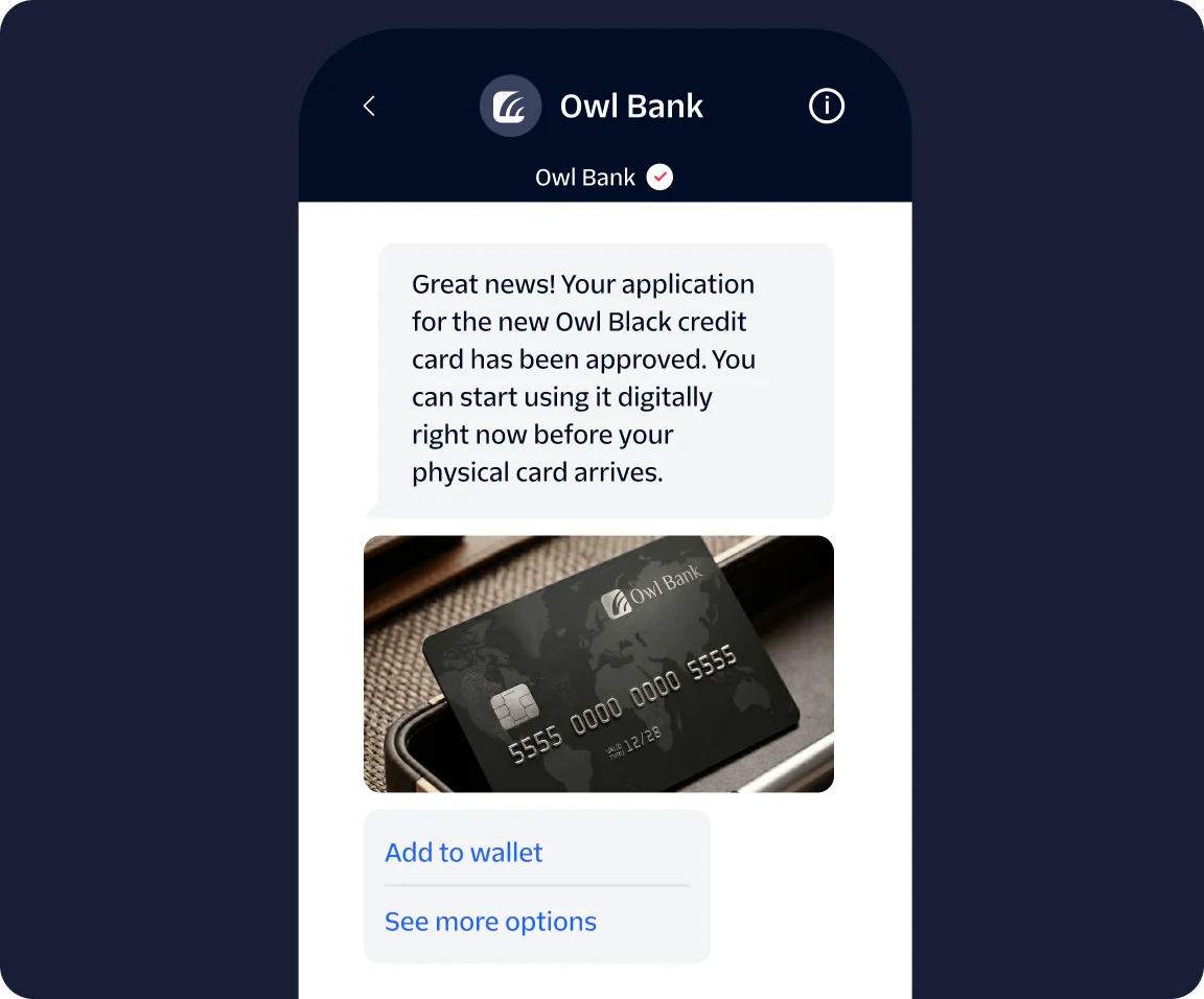 Smartphone screen displaying an approval message for a new Owl Bank Black credit card with an add to wallet option.