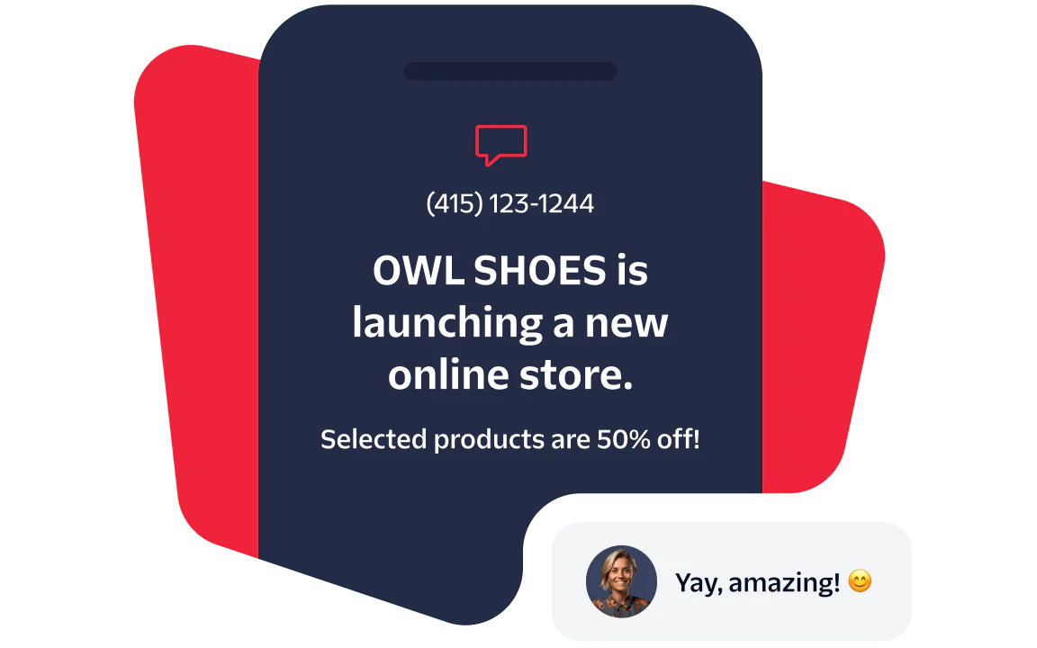 Announcement of Owl Shoes' New Online Store Launch Owl Shoes launching a new online store, selected products are 50% off, customer expressing excitement.