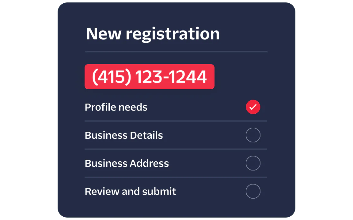 New Business Registration Form Progress A registration form showing profile needs completed, business details, address, and review steps pending.