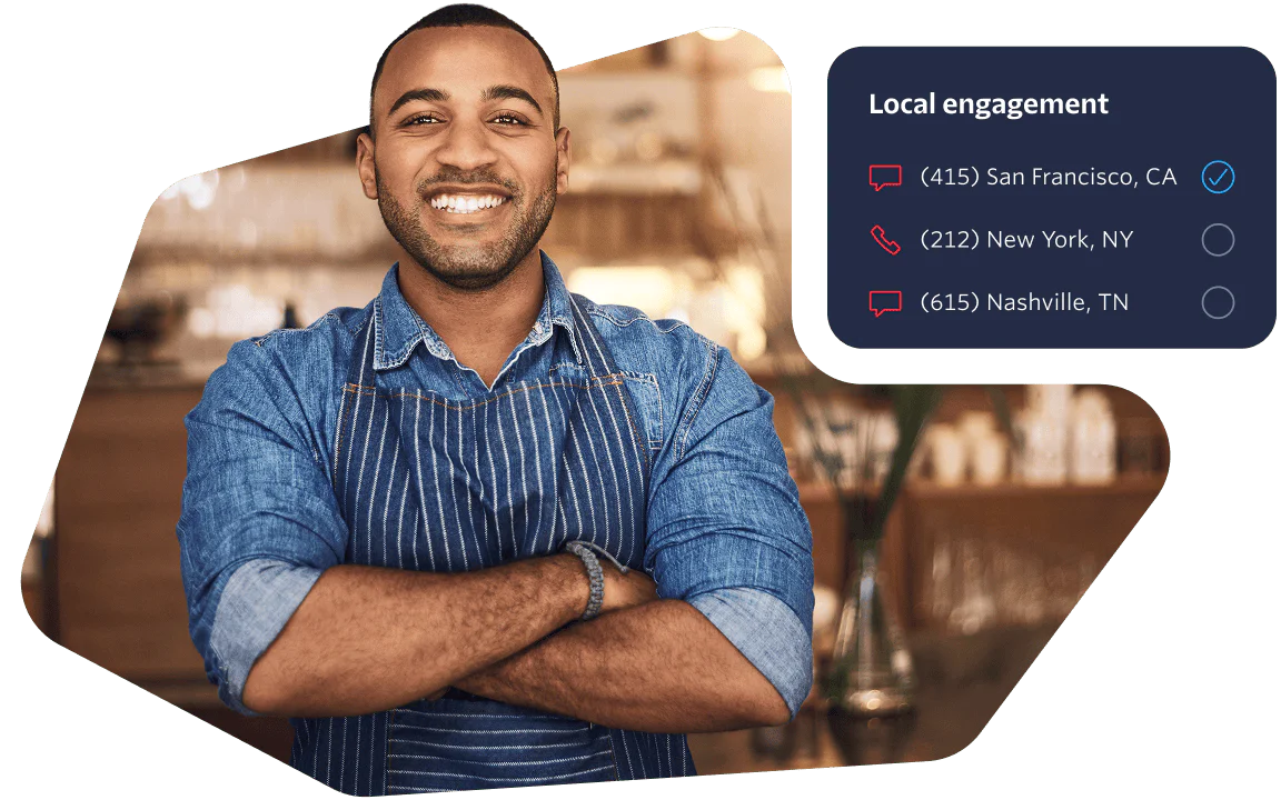 Friendly Barista Ready to Serve Customers Smiling barista in a coffee shop with a contact list for local engagement on the side.