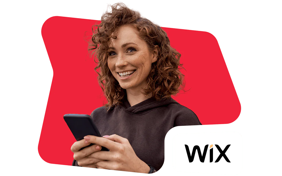 Smiling woman using a smartphone with Wix logo Woman with curly hair smiling and holding a smartphone, with Wix logo in the corner