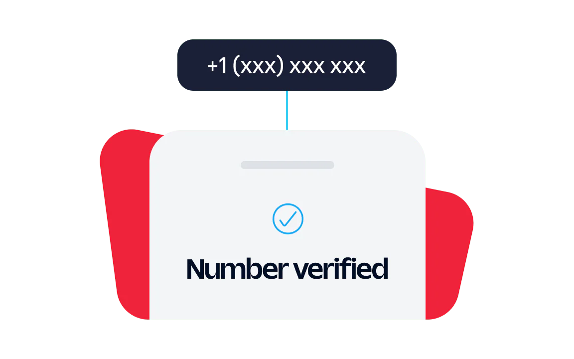 Verified Phone Number Confirmation A phone number with the text Number verified and a check mark indicating verification.