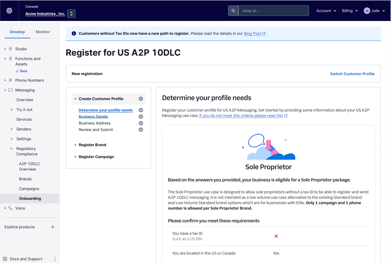 Twilio Console Screen for A2P 10DLC Sole Proprietor Registration Twilio Console Screen for A2P 10DLC Sole Proprietor Registration