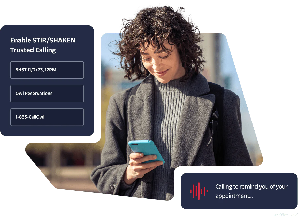 Woman looking at her phone with appointment reminder and calling details on the screen.