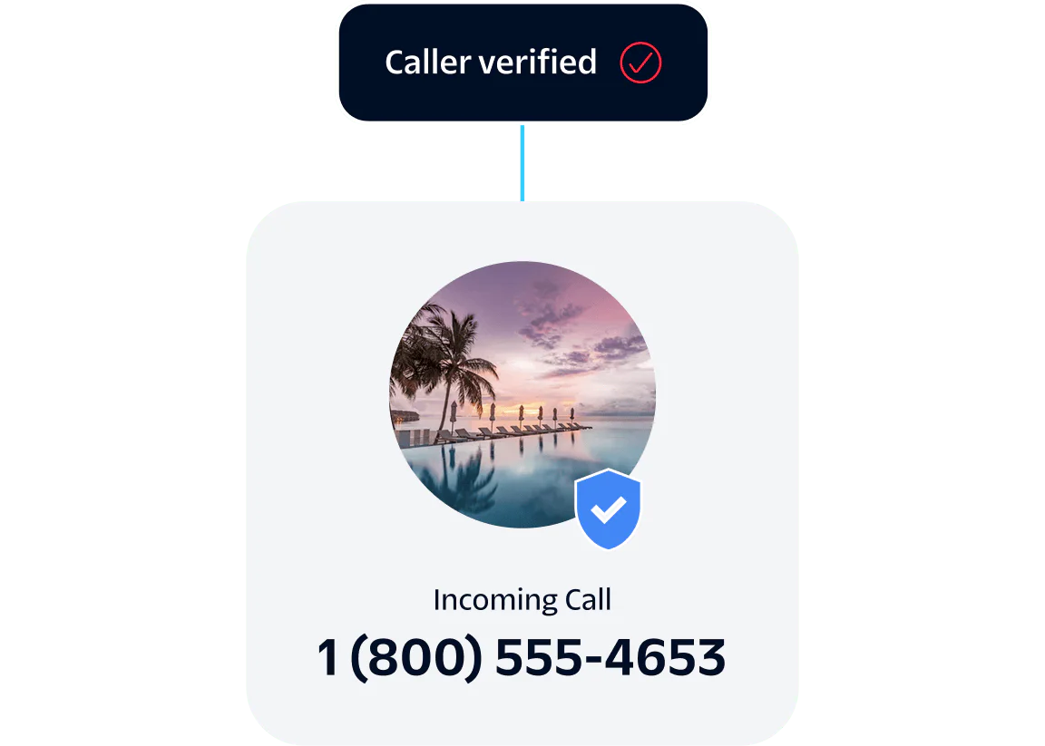 Verified incoming call from 1(800)555-4653 with a background image of palm trees and a swimming pool.