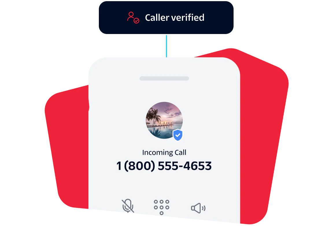 Verified incoming call display from 1(800) 555-4653 with a scenic profile picture on the screen.