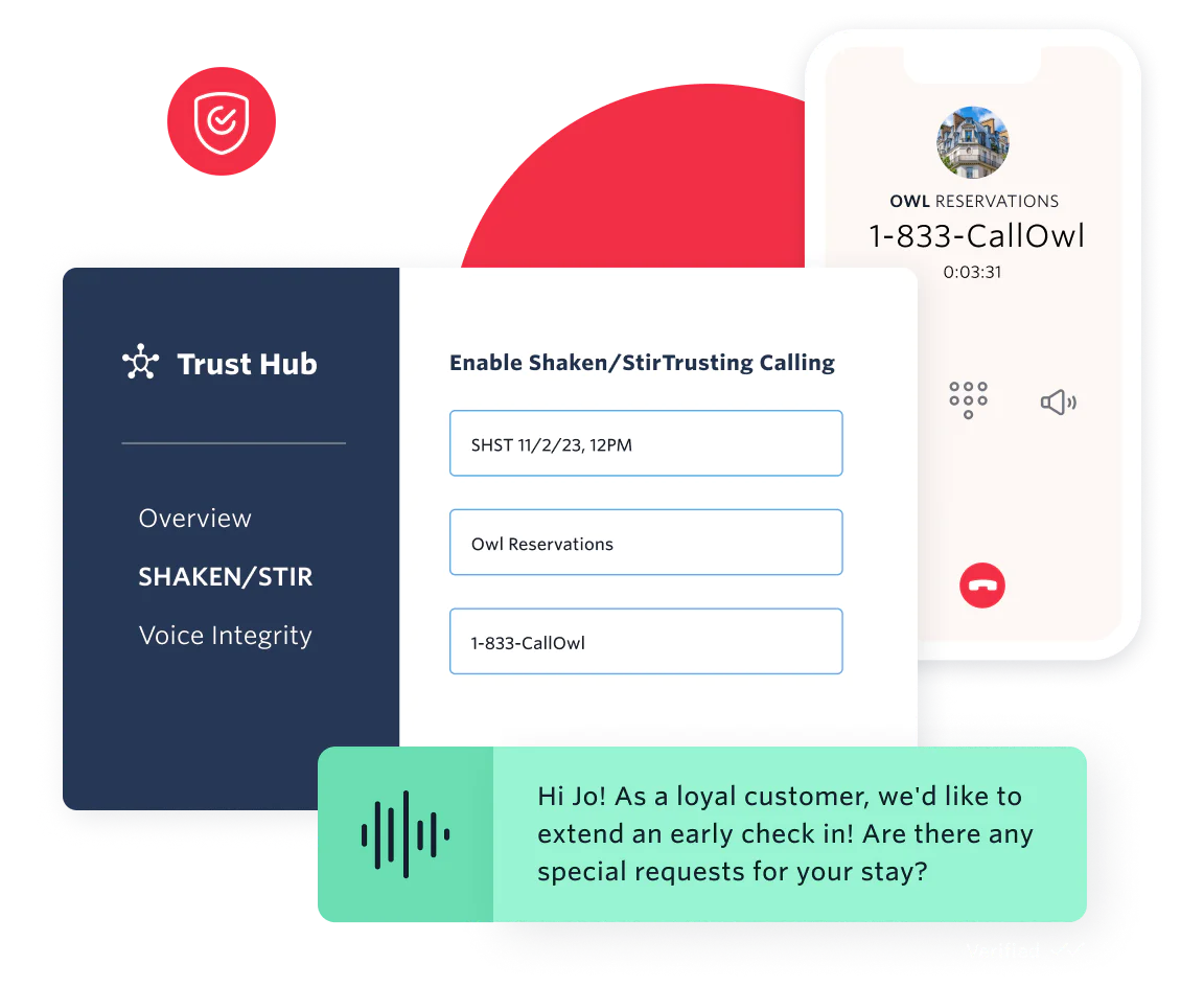 UI showing how you can enable SHAKEN/STIR  trusted calling by registering your business in the Twilio Trust Hub.