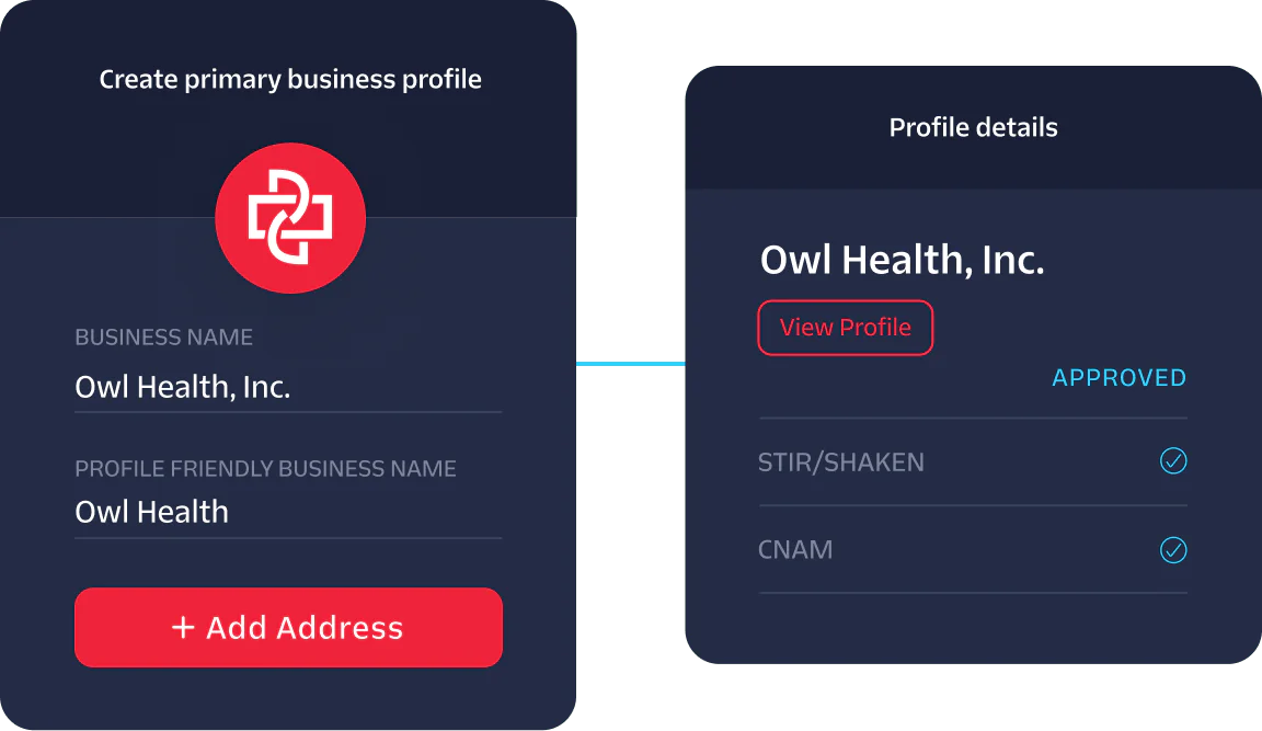 Interface showing the creation and approval status of Owl Health, Inc.'s business profile.