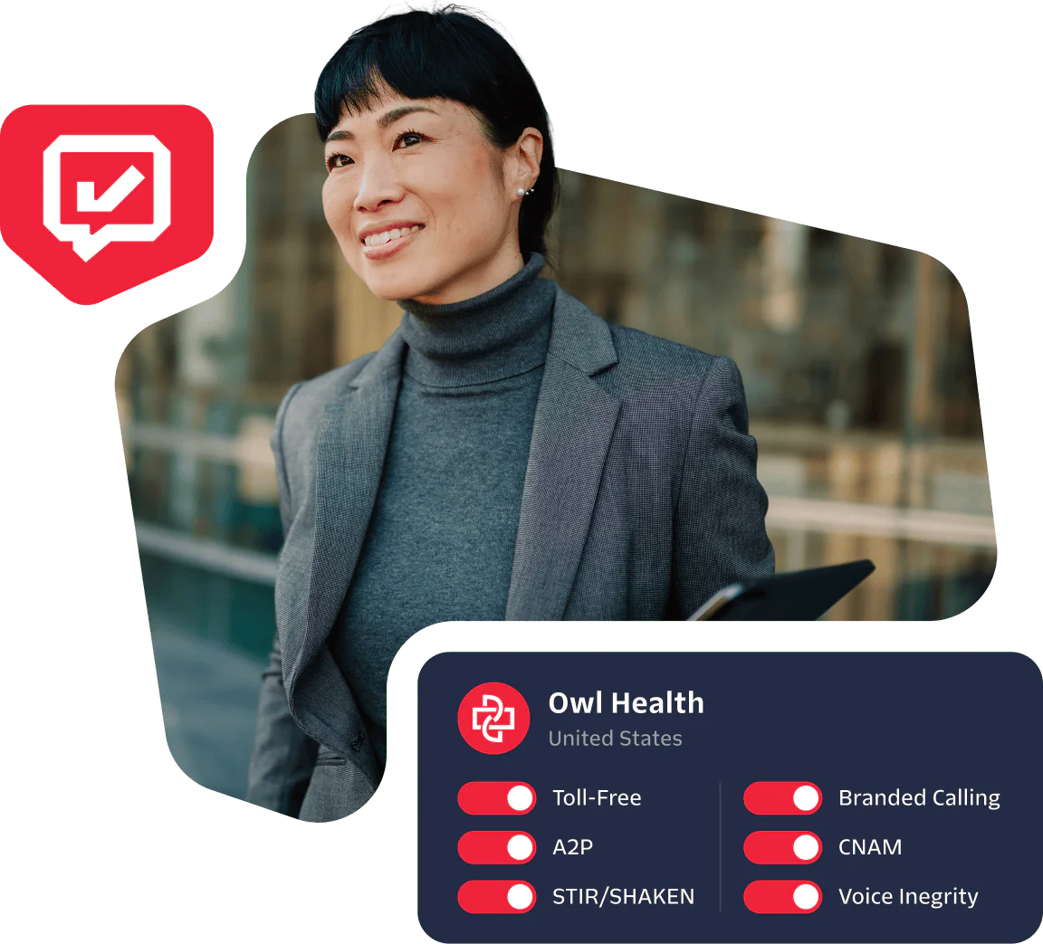 Businesswoman in a gray suit holding a tablet, with Owl Health's USA contact details and services displayed.