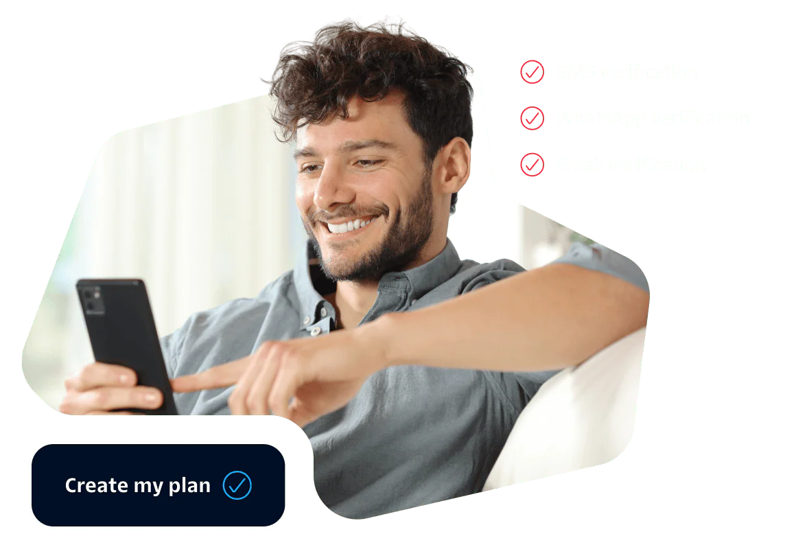 Smiling man using smartphone with SMS, WhatsApp, and email verification options.