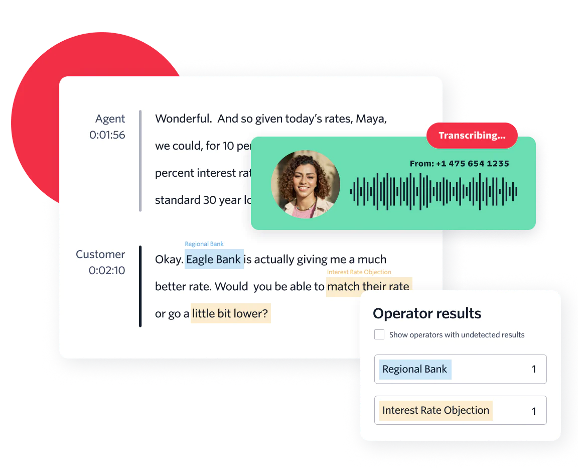 Image of Twilio voice intelligence being used on the recording of a call with a banking customer. It is counting the number of times the customer says the name of a regional bank or raises an interest rate objection.