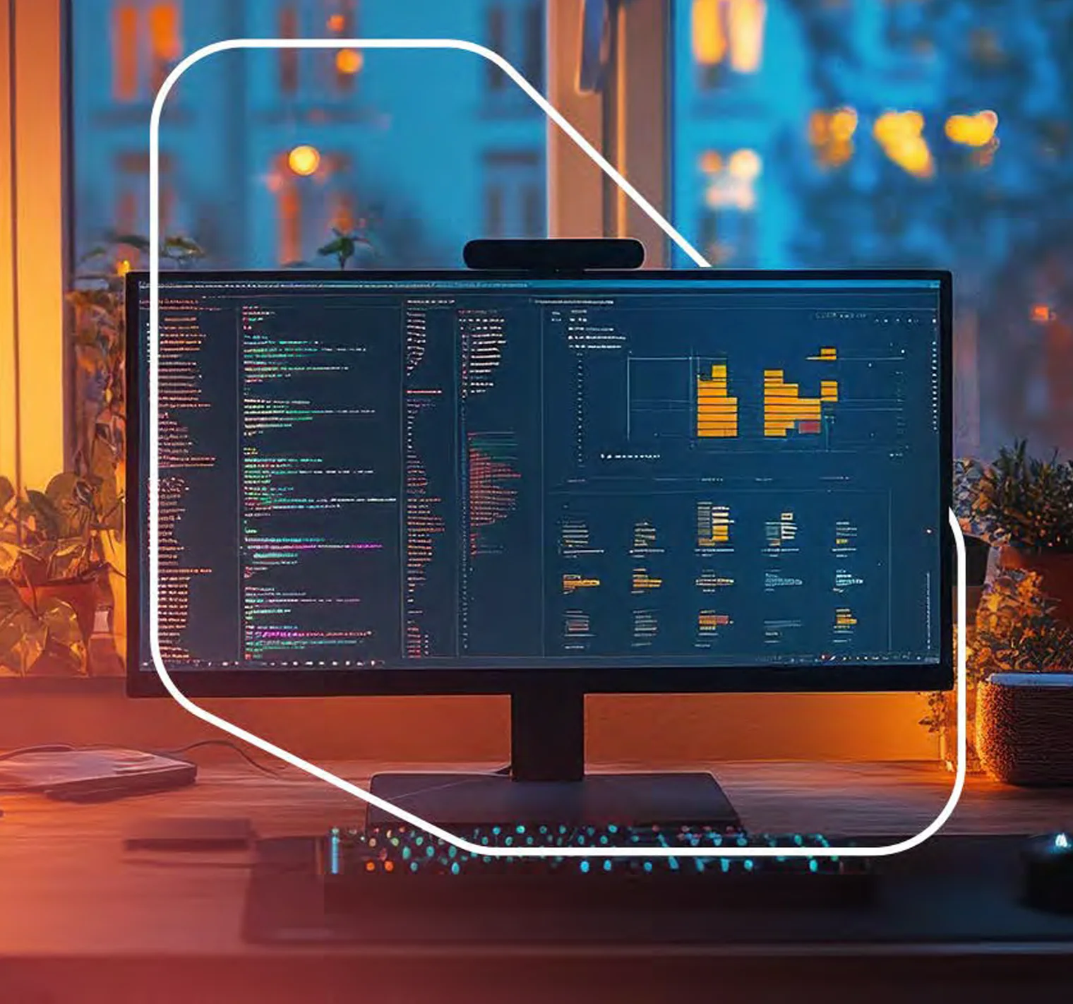 Computer screen displaying code and data analytics in a cozy home office setting.