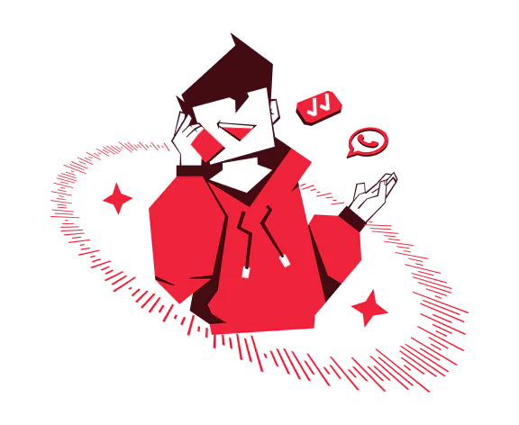 Cartoon character in red hoodie talking on phone with chat icons, surrounded by stars and wavy lines.