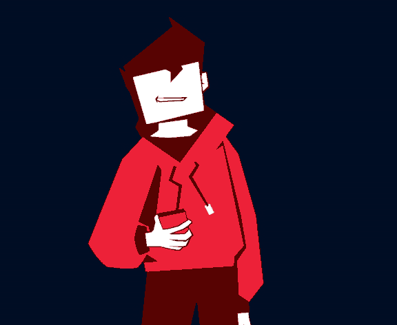 Cartoon character with a red hoodie stands against a dark blue background.