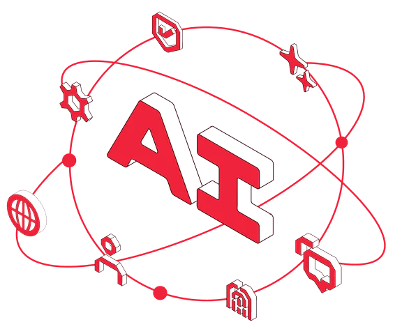 Red AI letters with orbiting icons including globe, settings, circuit, and nodes