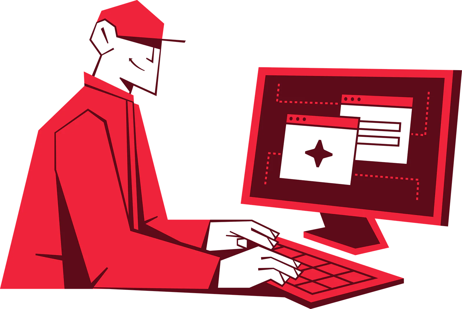 Illustration of a person in red working on a computer with multiple windows open on the screen.