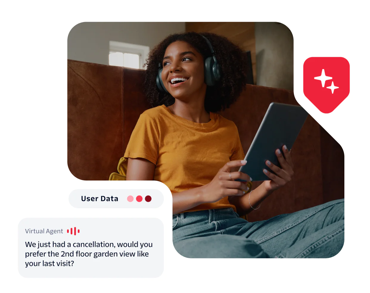 Smiling woman with headphones holding a tablet, engaging with a virtual agent's message on the screen