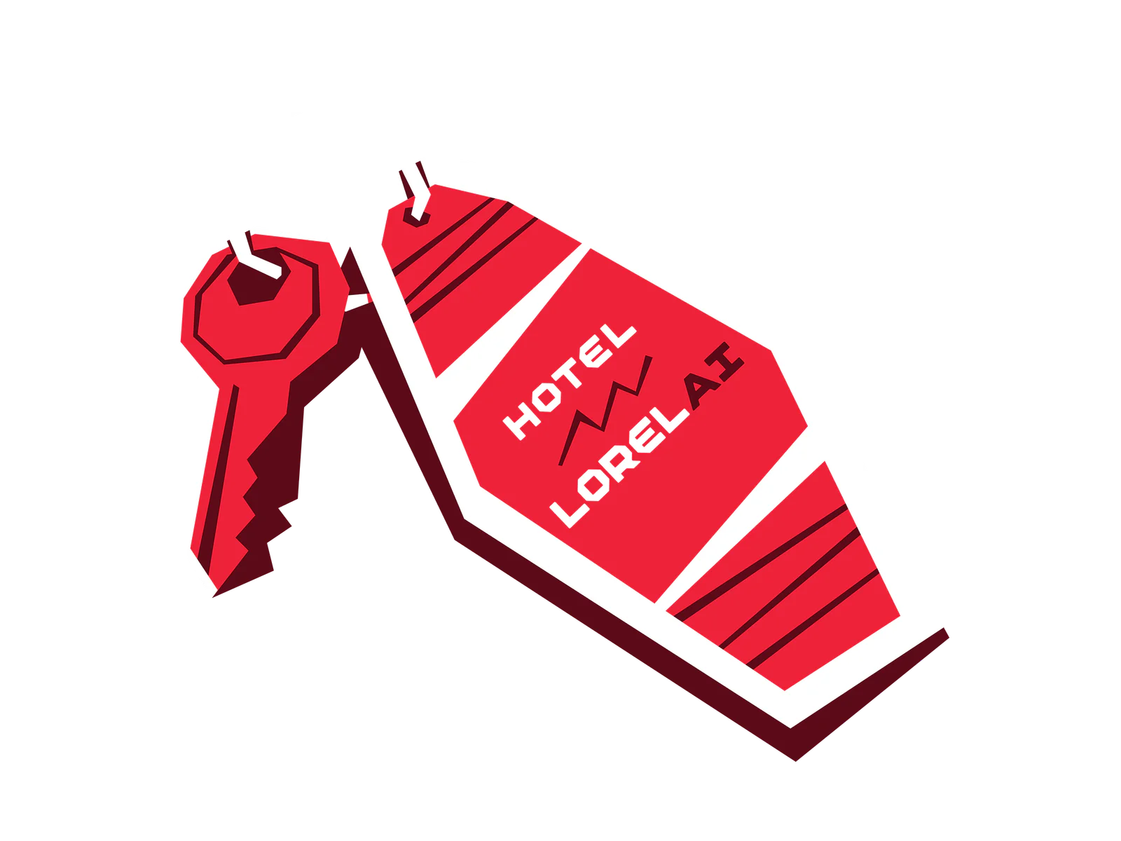 Red key with an attached tag displaying HOTEL LORELAI in bold text hanging from a keyring.