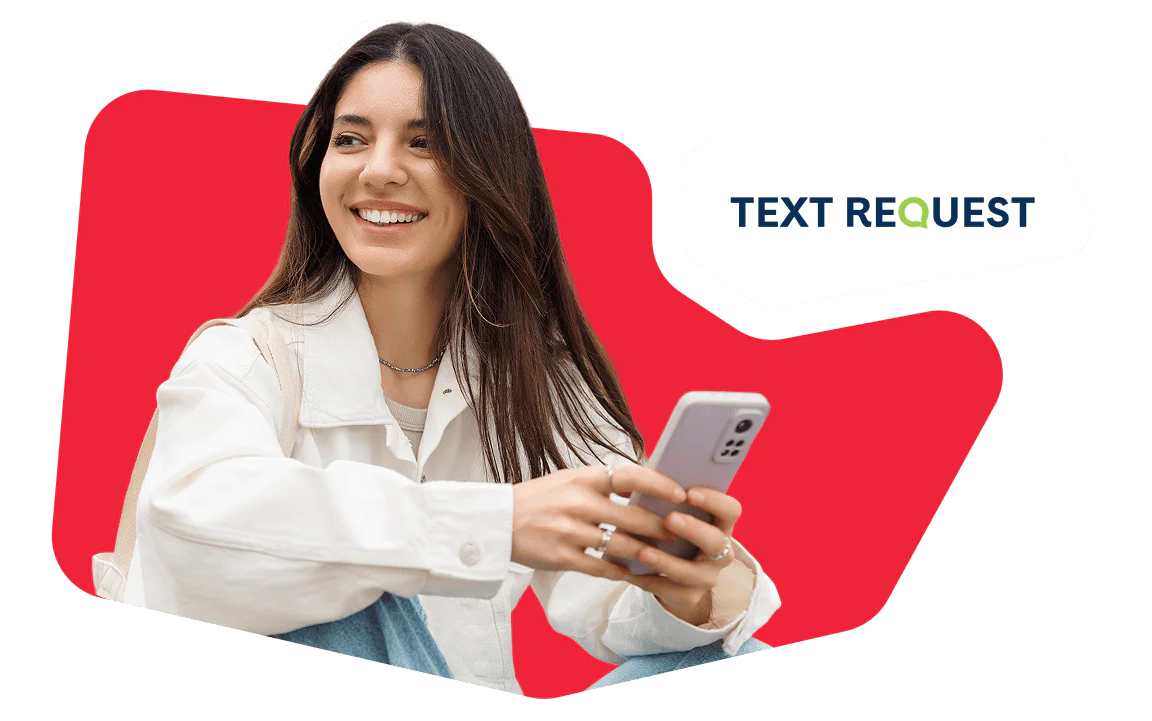 Woman using smartphone against colorful background. Young woman smiling, holding a smartphone, with red background and text request logo.