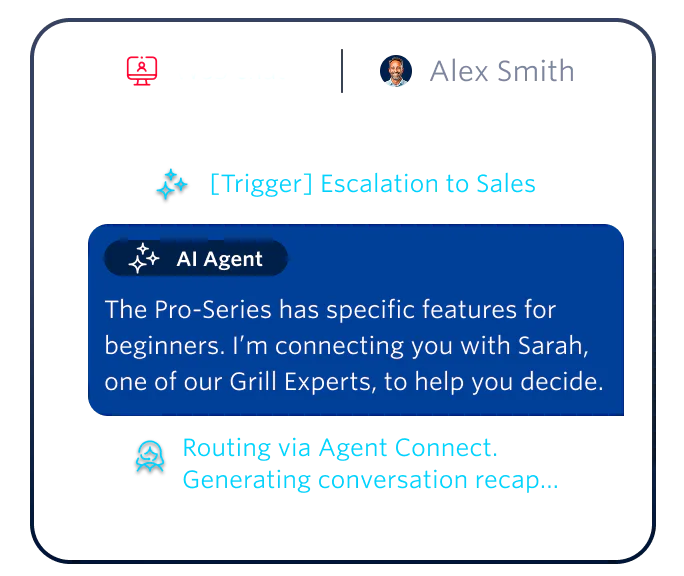 Web chat with an AI agent handling a high-intent sales query and escalating it to a sales expert.