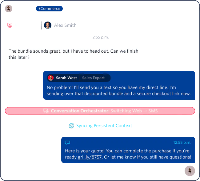Chat between a customer and a sales expert about the Summit G4 Grill bundle with SMS follow-up link.