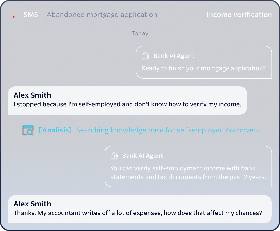Chat about verifying income for a self-employed mortgage applicant with a Bank AI Agent.