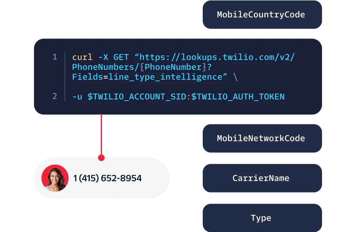 Twilio API Request Example for Retrieving Phone Number Information Code example showing a cURL command to retrieve phone number information using Twilio API with a phone number displayed.
