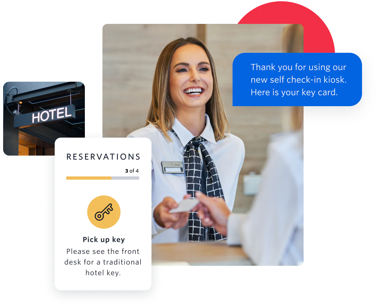 Hotel receptionist thanking a guest for using the personalized self check-in service powered by Twilio.