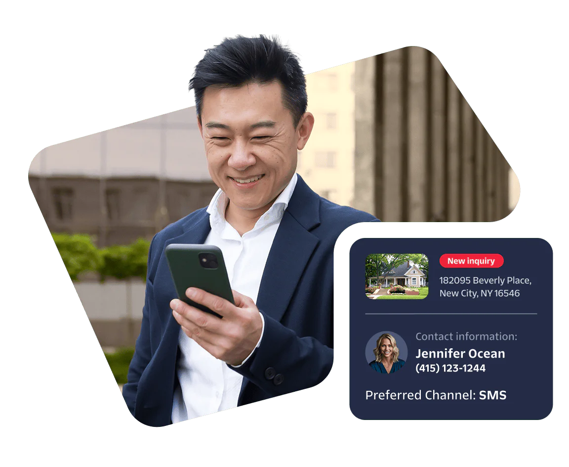 Man smiling while looking at his smartphone, real estate inquiry details in a box beside him.