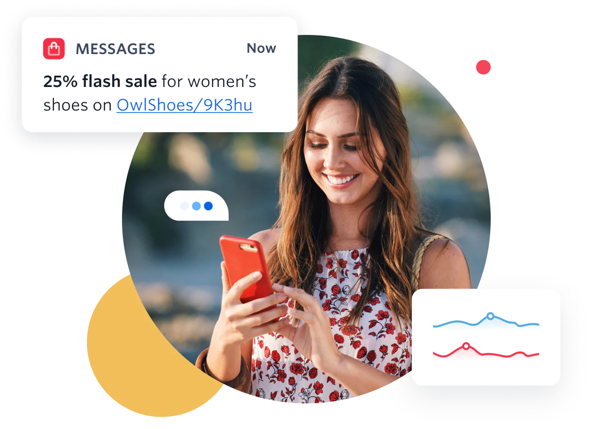 Smiling woman using a smartphone with a flash sale notification for women's shoes on the screen