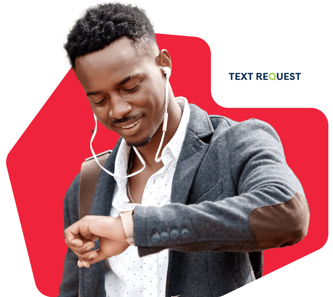 Young Man Checking Time and Text Request App Logo Man with earbuds looks at his watch with Text Request logo in the background.