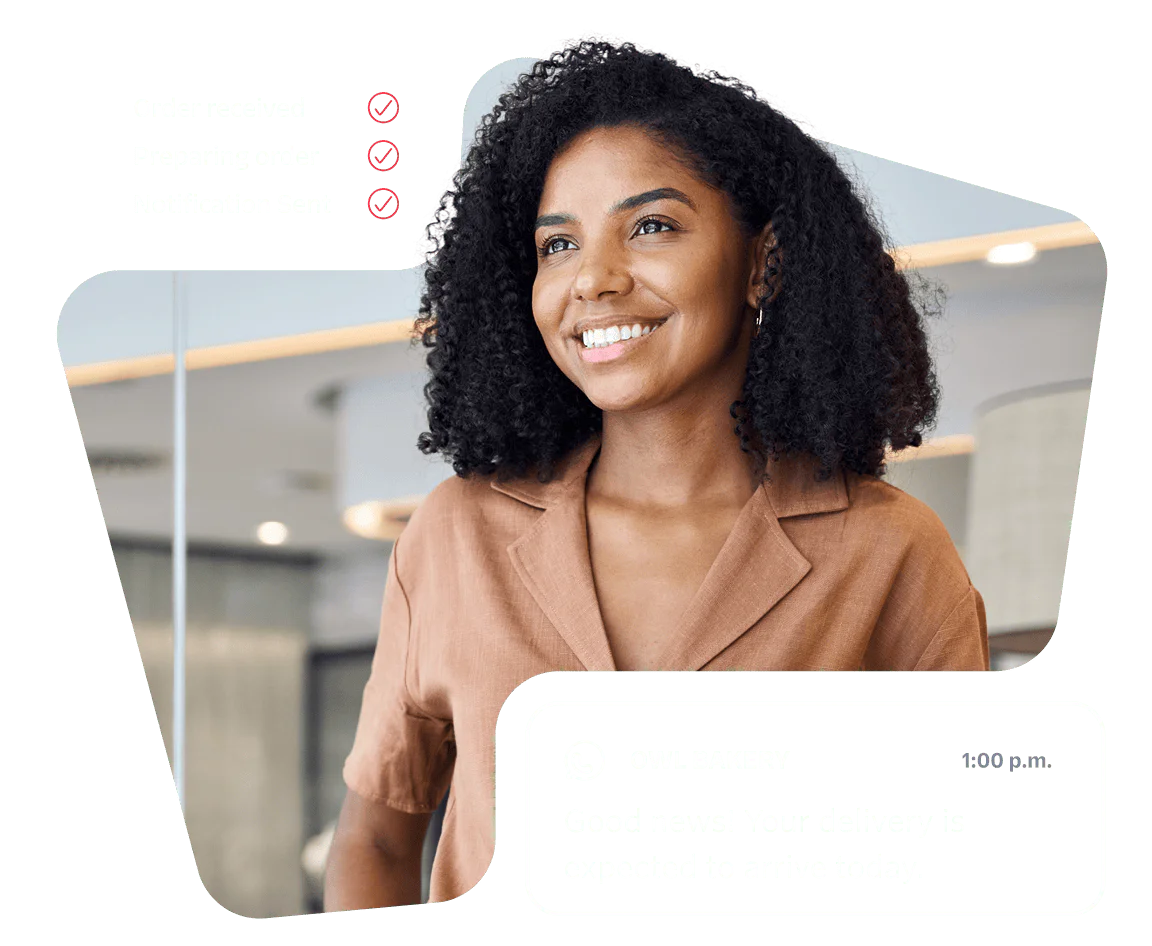 Smiling woman with order status updates from Owl Bakery including order received, preparing, and notification sent.