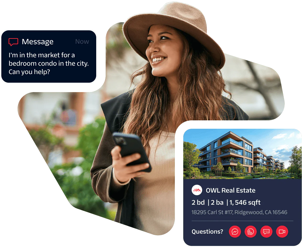 Woman using phone with real estate message and condo listing details.
