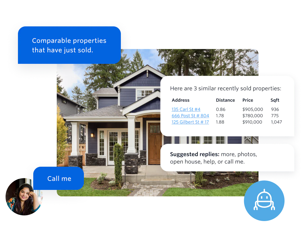UI message bubbles that show how prospective home buyers can get automated messages from a chatbot about their home search.