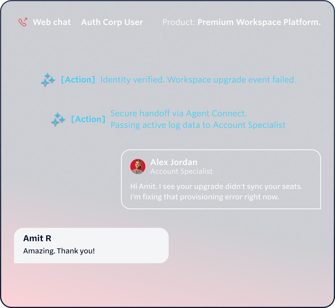 Chat showing workspace upgrade assistance between a user and an account specialist named Alex Jordan.