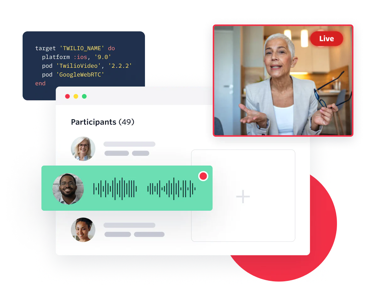 UI showing the WebRTC-powered voice and video calls in your applications using SDKs for JavaScript, iOS, and Android