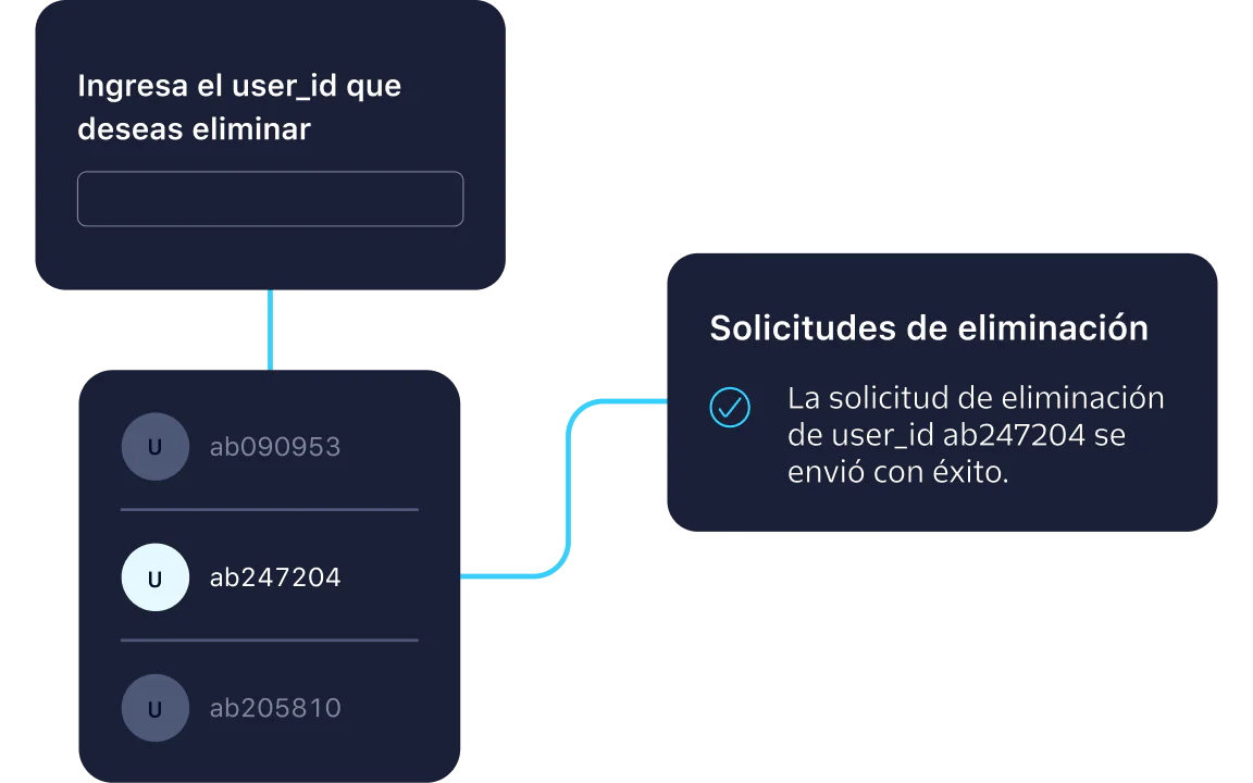 Interface showing steps to delete a user with a successful suppression request message.