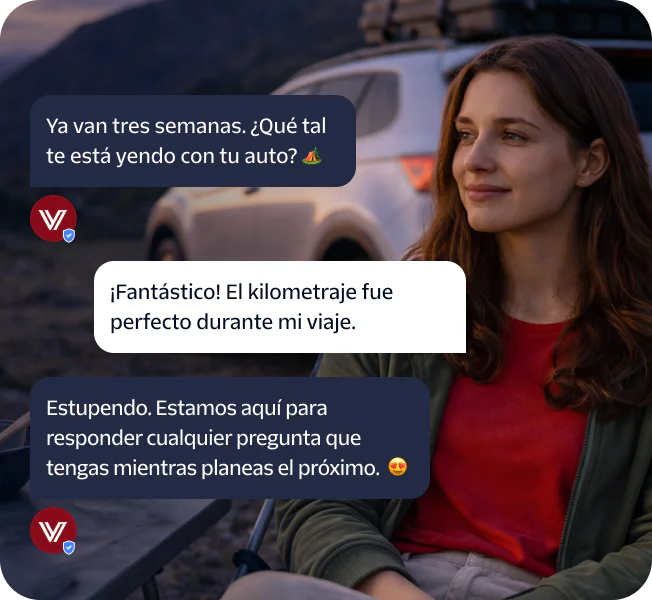 Woman sitting near car with customer service text messages about car's performance.