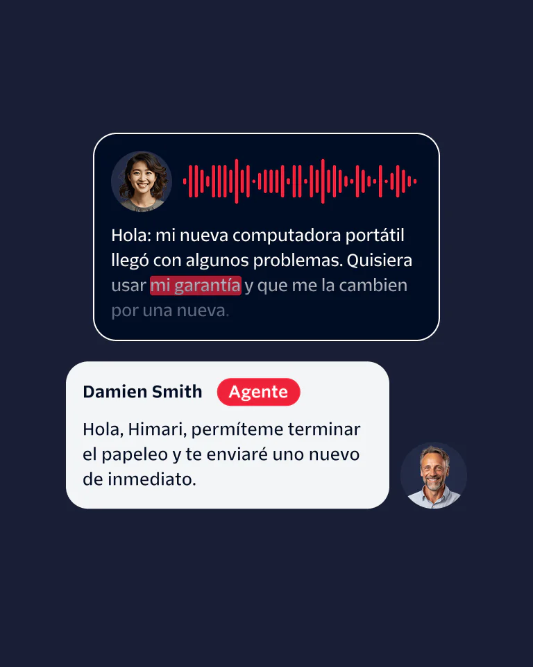 Chat interface where a customer reports a laptop issue and a support agent processes a warranty replacement.