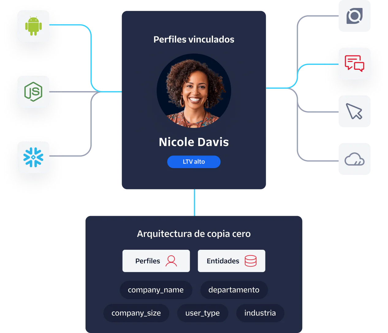 Diagram showing Linked Profiles and Zero Copy Architecture with various technology and connectivity icons.