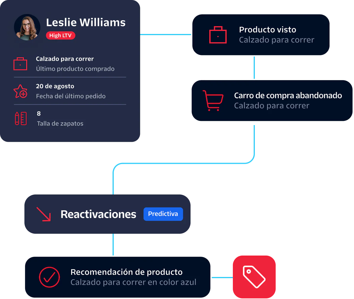 Flowchart showing customer Leslie Williams' engagement history with a focus on running shoes.