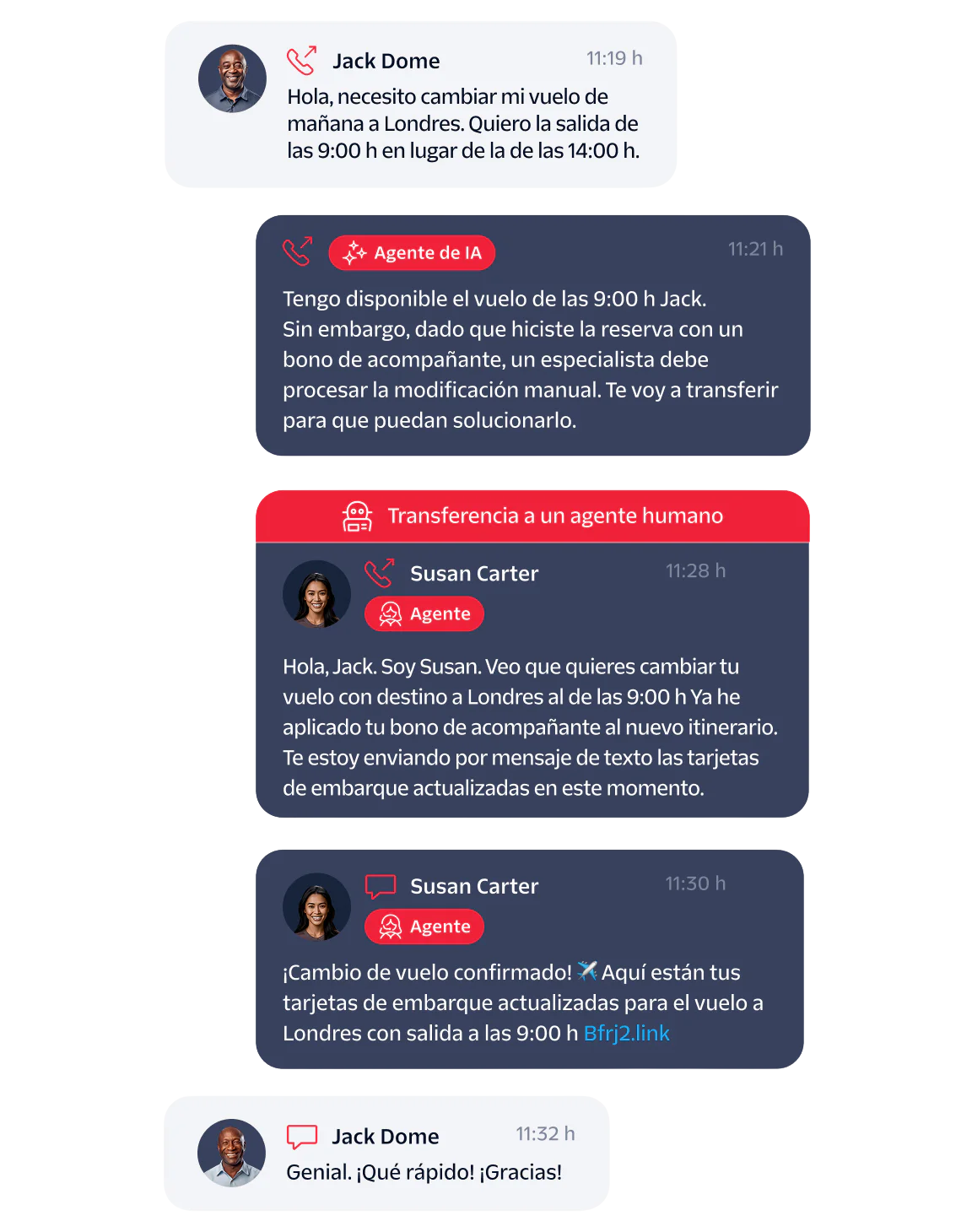 Chat conversation between Jack and Susan about changing a flight time using a companion voucher.