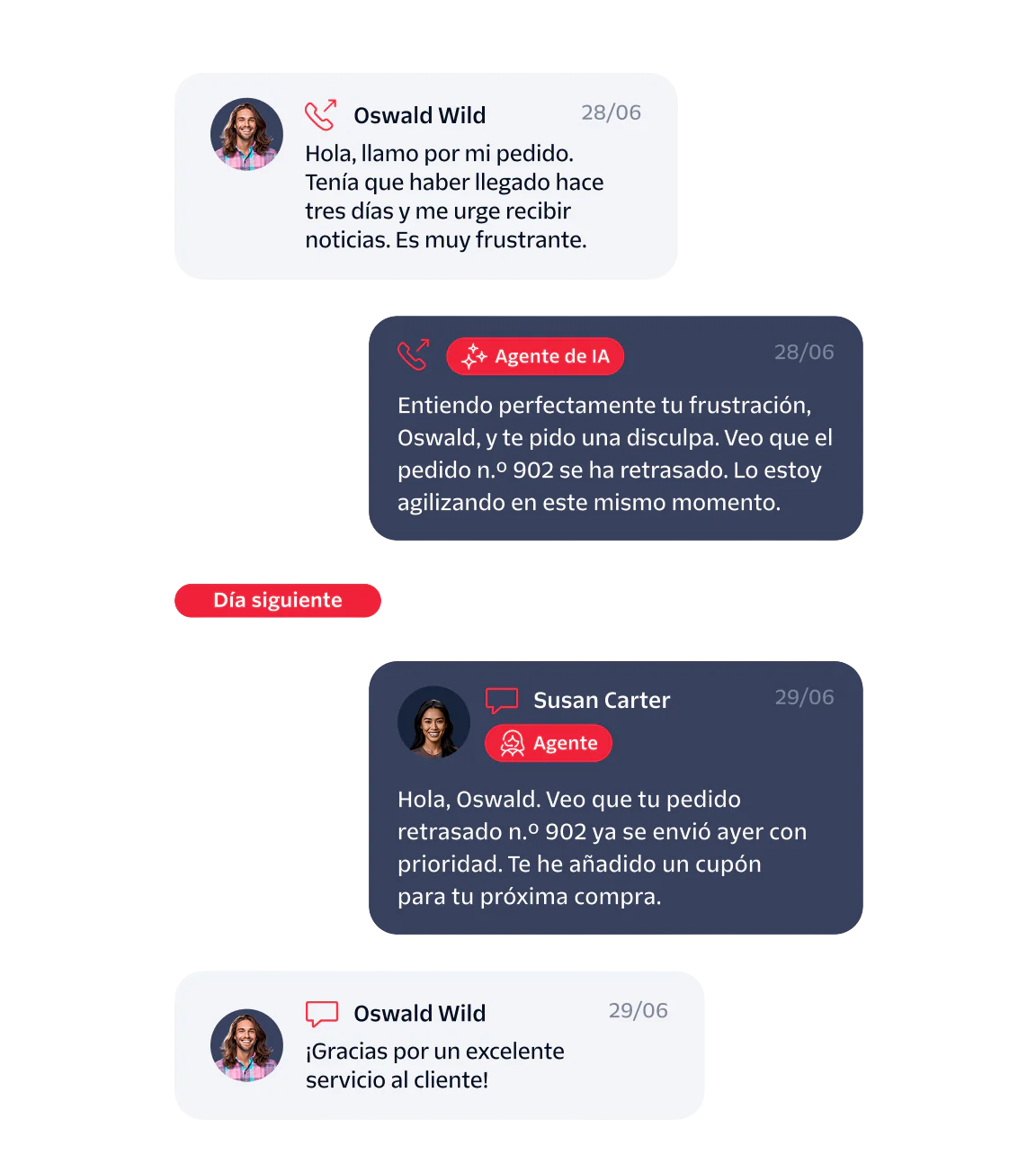 A customer chat conversation with AI and human agents resolving a delayed order.