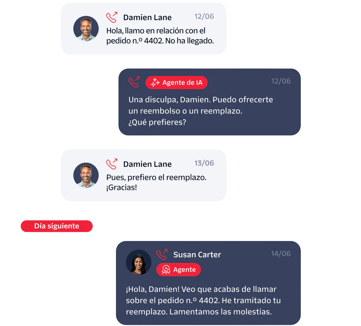 A chat between Damien Lane and AI/real agents about a missing order and replacement request.