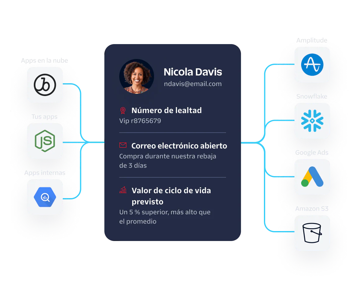 Customer Data Integration Flowchart Flowchart showing Nicola Davis's customer profile connected to various data sources and destinations.