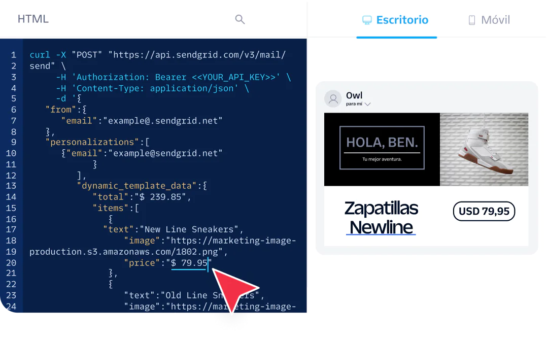 Screenshot showing HTML code for an email template promoting a new line of sneakers priced at $79.95 with example content.