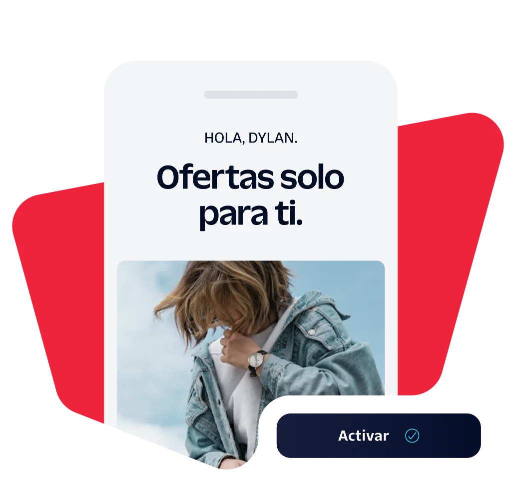Smartphone screen displaying a personalized offer message with a person in a denim jacket.