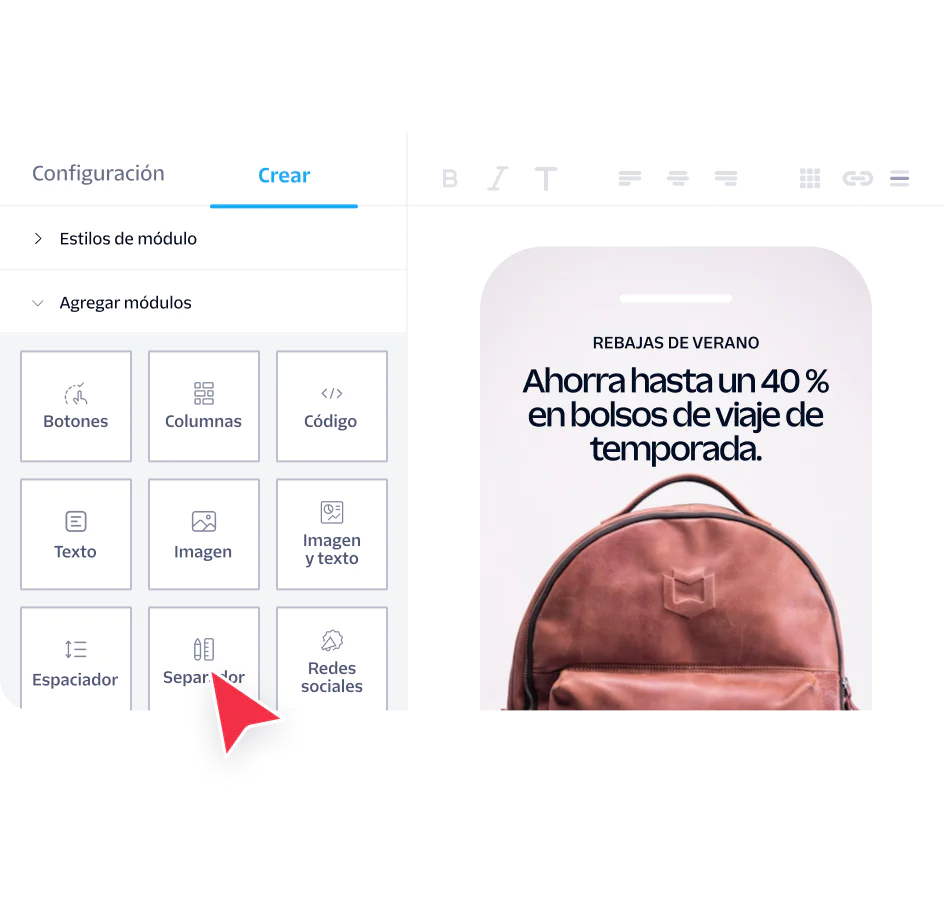 Email builder showing tools and a preview of a summer sale ad for travel season bags